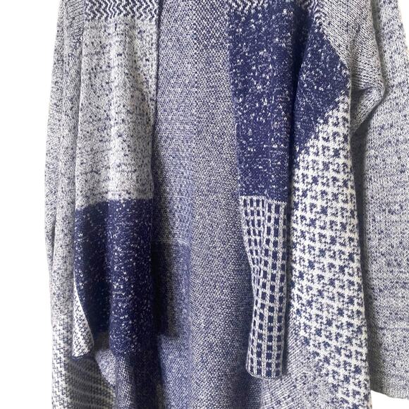 Knox Rose Blue Patchwork Boho Fringe Shawl Collar Sweater - Picture 3 of 9